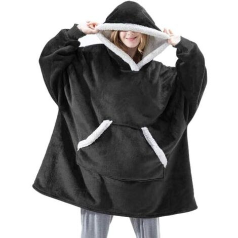 SABIR Deux pièces à capuche couverture pull chapeau Sherpa manches en peluche TV Plaid couverture adulte femme homme unisexe (noir) MNS