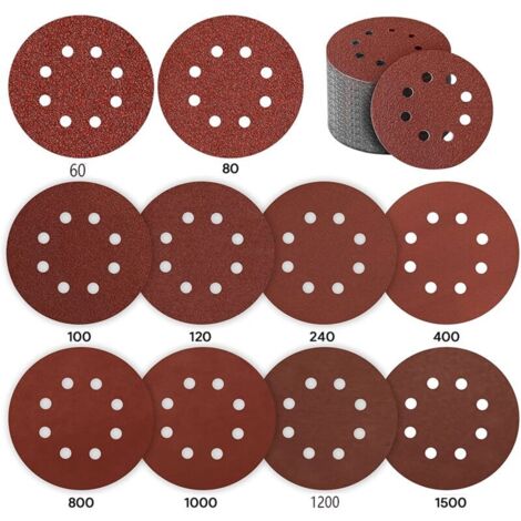 SABIR Disque de Ponçage, 80 Pièces Disque a Poncer 125mm Papier Ponceuse Disque Abrasif pour Ponceuse Excentrique 10  P60 / P80 / P100 / P120 / P240 / P400, 5  P800 / P1000 / P1500 / P1200 8 Trous