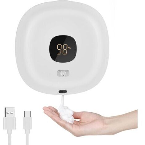 SABIR Distributeur de savon automatique (blanc), distributeur de savon thermostatique mural sans contact 300ml, distributeur de savon rechargeable par USB, pour la salle de bain, la cuisine, le bureau