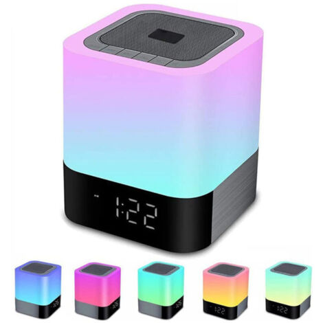 SABIR Enceinte Haut-parleur Bluetooth Portable Lampe de Chevet LED avec Contrôle Tactile, Lampe de Table Couleur Changeant la Lumière de Nuit avec le Réveil pour la Chambre,