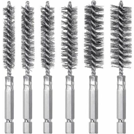 SABIR Ensemble de 6 brosses à trou en métal à tige hexagonale en acier inoxydable, brosse à pistolet à tige hexagonale pour broyer et broyer les épines, brosse à tuyau, brosse en acier inoxydable