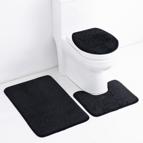 SABIR Ensemble de tapis de salle de bain en pierre gaufrée, housse d'abattant de toilette, tapis latéral de bain absorbant, noir