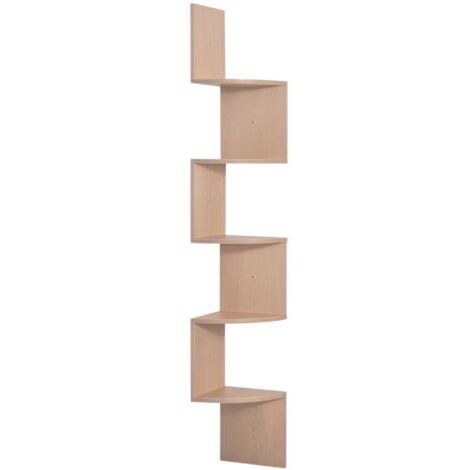 SABIR Étagère d'angle Murale de Rangement Forme Zigzag 20L x 20l x 126H cm 5 Niveaux Bois chêne Clair