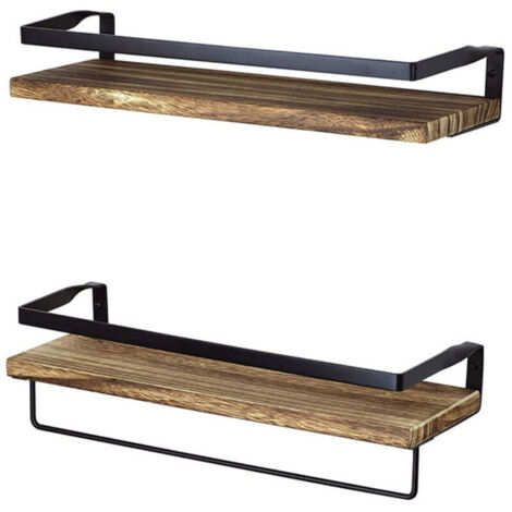 SABIR Étagères Murales en Bois  Rustique Étagère Flottante Design  avec Porte-Serviettes  Epices, Cuisine, Salon, Chambre et Salle de Bain  Industrielle ou Rangement  Lot de 2