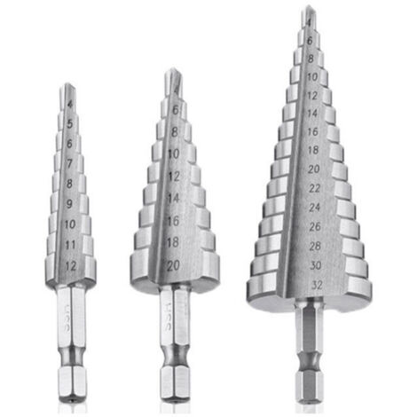 SABIR Foret Etagé Foret Fraise Metal HSS 4PCS 4-12/20/32mm Meche Etage Perceuse Acier Fraise Forage Conique Triangle avec Revêtement Titane Visseuse Percage pour Acier/Bois/Laiton/Plastique/PVC