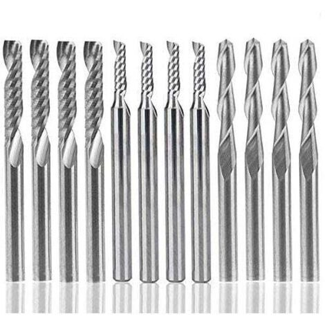 SABIR Fraise En Carbure De Tungstène 12 Pcs, 4 Pcs 1/8 "Pour Fraises Cnc Outils À Double Cannelure + 8 Fraises À 1 Arête Simple Pcs (2 Types) Pour Nylon, Résine, Abs, Acrylique, Pvc, Mdf, Bois