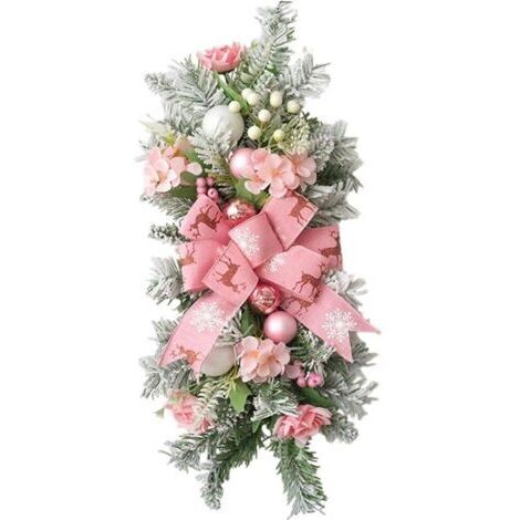 SABIR Guirlande de Noël artificielle 22'' en forme de larme avec grand nœud imprimé, boules de Noël, rose, neige, branches givrées, couronne d'escalier pour décoration intérieure A