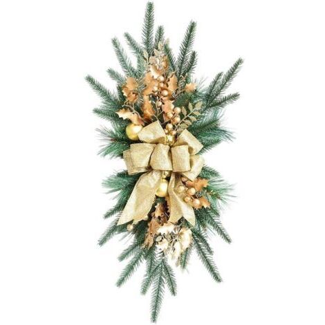 SABIR Guirlande de Noël artificielle 22'' en forme de larme avec grand nœud imprimé, boules de Noël, rose, neige, branches givrées, couronne d'escalier pour décoration intérieure B