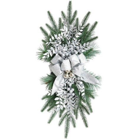 SABIR Guirlande de Noël artificielle 22'' en forme de larme avec grand nœud imprimé, boules de Noël, rose, neige, branches givrées, couronne d'escalier pour décoration intérieure C
