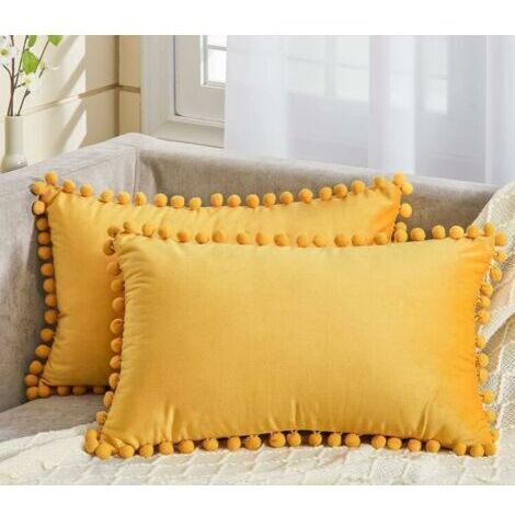 SABIR Housse Coussin 30x50 cm Jaune Moutarde Decoration Salon Maison Scandinave Lot de 2 Protege Oreiller Velours Doux Double Face Rectangulaire à Couleur Uni pour Coussin Fauteuil Bureau