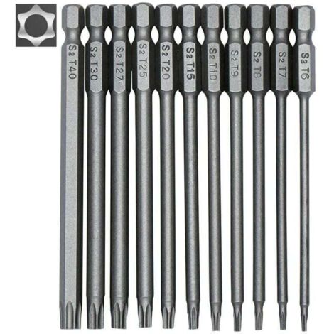 SABIR Jeu de 11 embouts longs Torx pour tournevis et visseuse électrique - Embouts magnétiques - Tige hexagonale de 1/4" - Tailles T6 à T40 - Longueur 100 mm