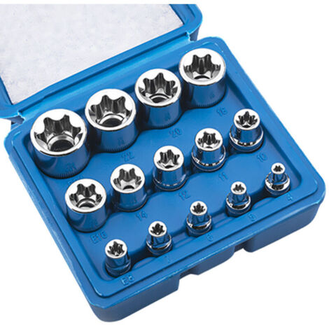 SABIR Jeu de douilles Torx type E 14 pièces Acier chrome vanadium Empreinte E4-E24 Compatible clés à cliquet Accès facile vis dans espaces restreints