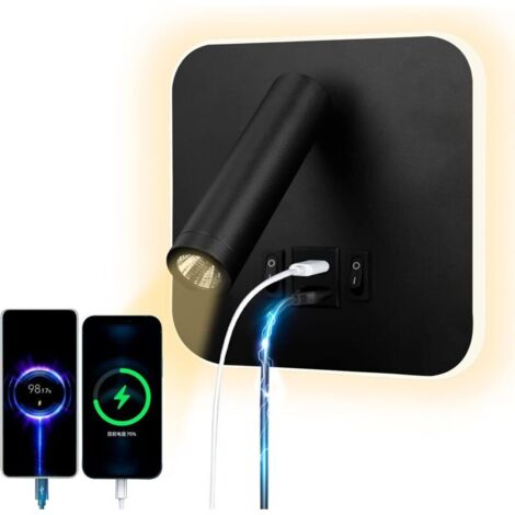 SABIR Lampe de lecture LED Applique murale USB Type-C Double interrupteur buccal de charge Réglable 12W Projecteur LED 3000K Lampe de lecture murale Lampe de lit en aluminium Rotatif (rond noir)
