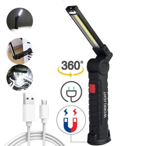 SABIR Lampe de travail LED - Rechargeable USB - 3W - Rotative à 360° - LED COB - Magnétique - Lampe de poche - Noir