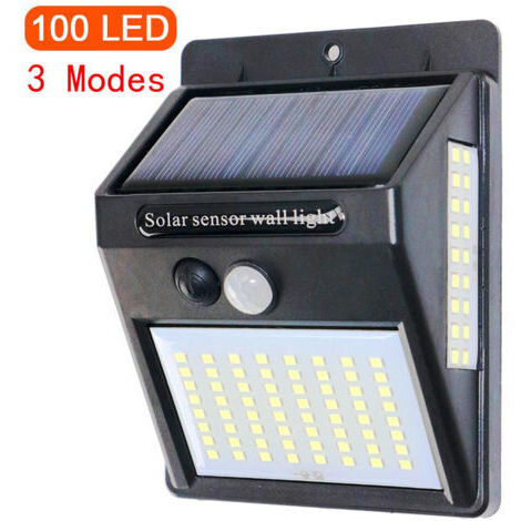 SABIR Lampe Solaire Extérieur, 4 Pack 100 LED Lumière Solaire IP65 Etanche Projecteur LED Extérieur avec Détecteur de Mouvement, Éclairage Mural de Sécurité sans Fil pour Jardin [Classe énergétique A+