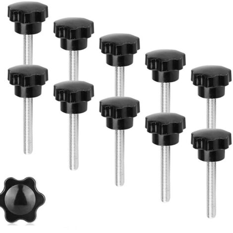 SABIR Lot de 10 vis à étoile M8 x 50 mm - Filetage - Bouton de serrage - Vis à ailettes - Écrou étoile - Noir - Vis moletées - Vis à tête étoile - Vis avec poignée pour machine-outil