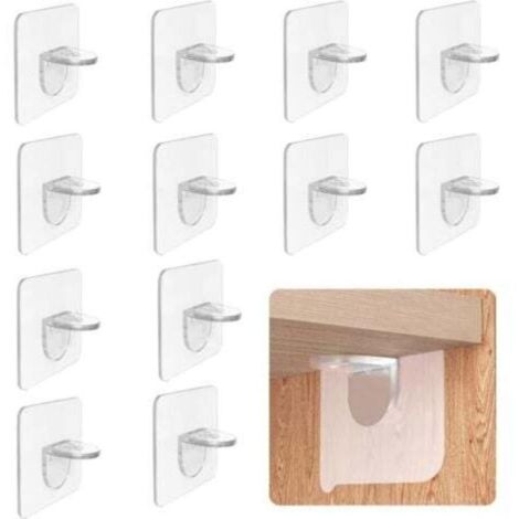 SABIR Lot de 12 chevilles de support d'étagère, supports de support d'étagère transparents Support d'étagère auto-adhésif en forme de L avec trou pour meuble, bibliothèque, étagère de placard (6 x 6 c