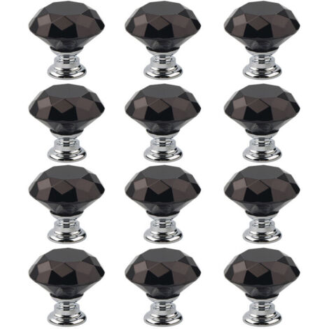 SABIR Lot de 12 poignées d'armoire en cristal noir, bouton d'armoire avec taille, bouton de porte, tirette de tiroir, poignées de porte pour cuisine, bureau, chambre, armoire (30 mm) Lefou STOL