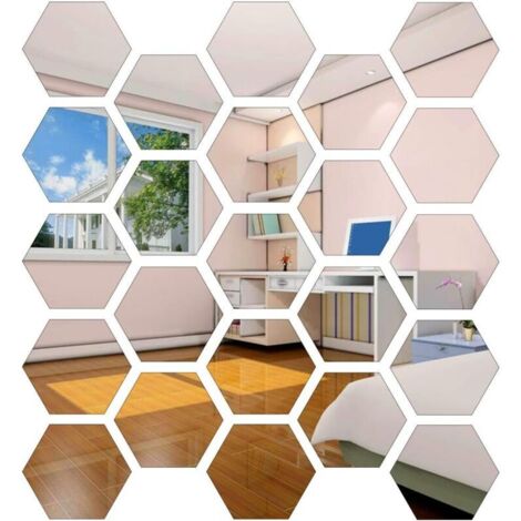 SABIR Lot de 24 miroirs autocollants muraux hexagonaux en acrylique - Décoration murale adhésive pour la maison, le salon, la chambre à coucher (12,6 x 11 x 6,3 cm)
