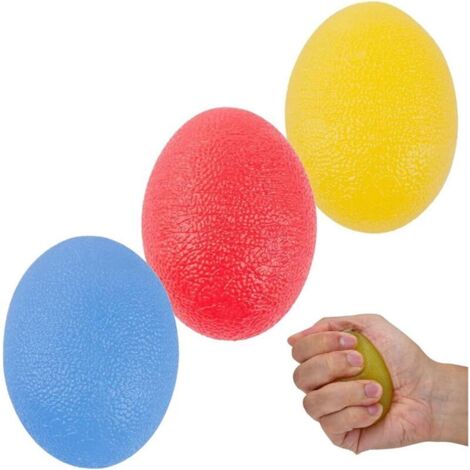 SABIR Lot de 3 balles anti-stress en forme d'œuf - Pour exercer les doigts et la main - Pour rééducation - Pour améliorer la prise des doigts et soulager les douleurs arthrites (rouge, jaune et bleu),