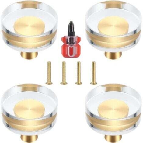 SABIR Lot de 4 Boutons de Porte en Cristal Transparent et Laiton pour Armoires, Tiroirs, Placards et Meubles - 30x27 mm (30x27 mm)