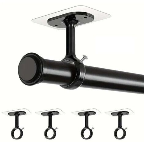 SABIR Lot de 4 crochets de tringle à rideau plafond, adhésif fort sans vis, fixation murale sans percer, support noir pour salon, cuisine, salle de bain