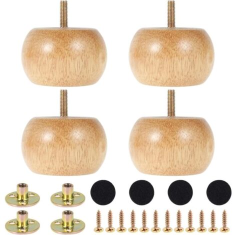 SABIR Lot de 4 pieds de meubles en bois massif de 5 cm avec 4 vis, pieds ronds en chignon pour meubles, chaises, tables, meubles de rechange pour armoire, fauteuil, commode, table de télévision