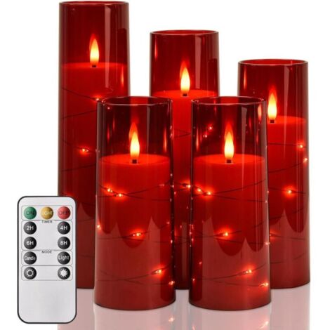 SABIR Lot de 5 bougies LED avec guirlandes lumineuses intégrées, minuterie et télécommande, bougie LED sans flamme avec flamme dansante en coque acrylique, bougie décorative à piles, rouge