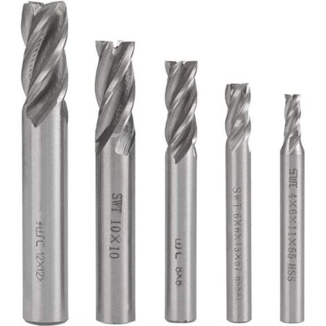 SABIR Lot de 5 fraises à queue droite en acier rapide pour tour CNC, 4, 6, 8, 10 et 12 mm, 4 cannelures, fraises hélicoïdales, forets 4/6/8/10/12 mm -