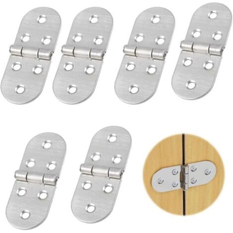 SABIR Lot de 6 charnières pliables à 180 degrés - Mini charnières de meuble en acier inoxydable - Pour table pliante - Charnière ronde - Argenté