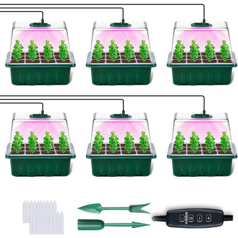 SABIR Lot de 6 mini serres avec minuterie - luminosité réglable - serre d'intérieur avec couvercle et ventilation - 10 étiquettes, 2 outils