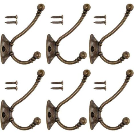 SABIR Lot de 6 patères murales vintage en métal pour porte, chapeaux, penderie, salle de bain, cuisine, fonte, laiton, bronze (vis incluses)