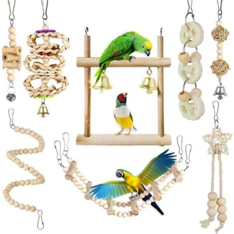 SABIR Lot de 8 Jouet pour perroquet à oiseaux Jouets à mâcher avec Hamac Swing Cloche Chaîne Perchés pour Oiseaux, perroquets, perruches, perruches, aras, Oiseaux inséparables