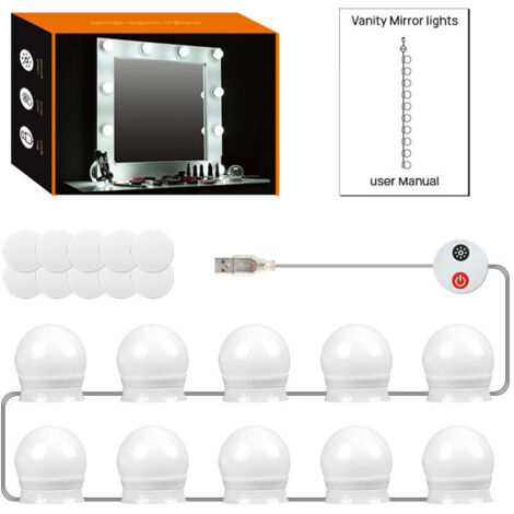 SABIR Lumière Miroir Coiffeuse, 10 Ampoules LED Miroir Lumiere Hollywood Kit de LED Lampe pour Cosmétique Salle Miroir, 3 Couleurs et 9 Niveaux Dimmable Lumiere Coiffeuse Maquillage