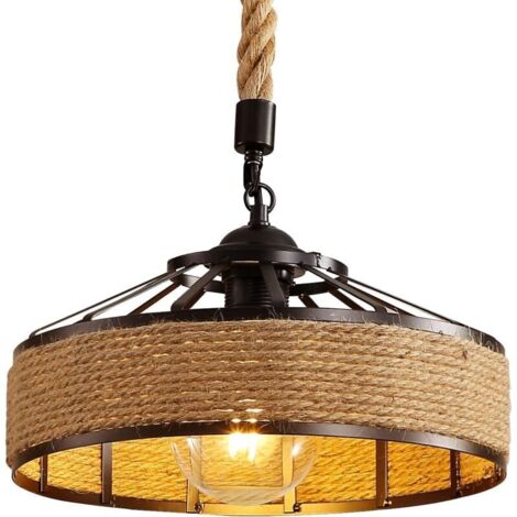 SABIR Lustre en Corde de Chanvre, Lampe à Suspension Rétro en Métal Noir, Lustres Suspensions En Country, Lumière Pendante Industrielle E27 Luminaire pour Salon Salle Chambre Décorer Maison 220V (30CM