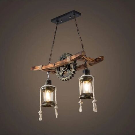 SABIR – Lustre vintage industriel Ø45cm – Fer, verre et bois – Hauteur réglable 100cm – E27 pour ampoules LED et incandescentes – Installation facile