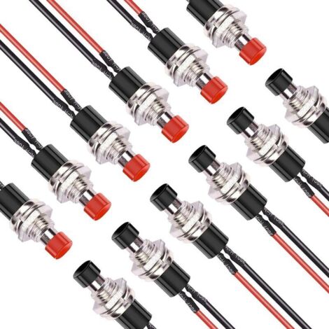 SABIR Mini-interrupteur à bouton-poussoir rond momentané à 2 broches, pré-soudé, 7 mm, SPST, normalement ouvert, rouge et noir (lot de 12)