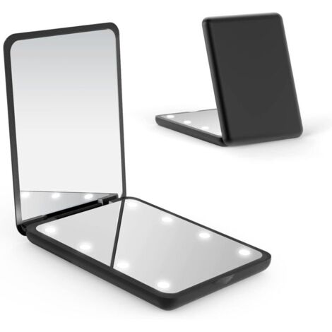 SABIR Miroir de poche, miroir compact à LED, miroir grossissant 1x/2x avec lumière, miroir pliable à double face, miroir compact éclairé pour sac à main, cadeaux (noir)
