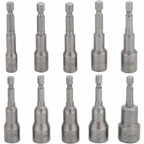 SABIR MNS 10 Pcs Embout Douille Visseuse à Choc 6-15mm Set Magnétique Hexagonale Douille Jeu de Embout Aimanté Perceuse Prise Hexagonale douille Set 1/4 Pouce pour Mandrin à Changement Rapide