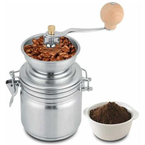 SABIR Moulin à café manuel en acier inoxydable, outil à main pour moulins, pour grains de café, épices, noix, graines, herbes, graines de citrouille, etc. (Argent)