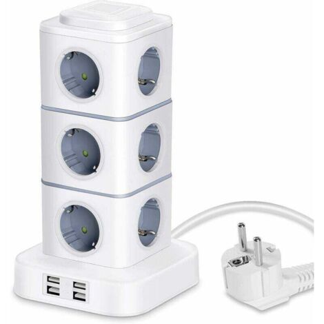 SABIR Multiprise tour, 12 multiprises (2500W / 10A) avec 4 ports USB, multiprises verticales avec protection contre les surtensions pour bureau à domicile, câble d'extension 3M