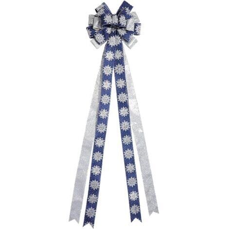 SABIR Nain de Noël suspendu pour sapin de Noël, grand nœud 33 x 113 cm, décorations pour sapin de Noël, paillettes d'hiver, bleu, or et champagne