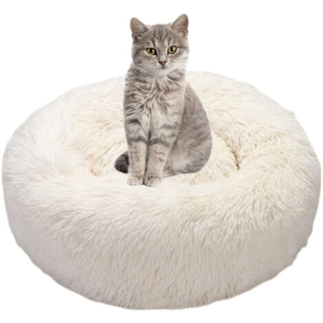 SABIR – Panier moelleux rond pour chien et chat – Coussin apaisant en peluche lavable – Antidérapant – Pour petits et moyens animaux (blanc)