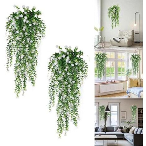 SABIR Plantes suspendues artificielles 2 pièces, fleurs artificielles blanches, décoration de lierre artificiel, murs intérieurs et extérieurs