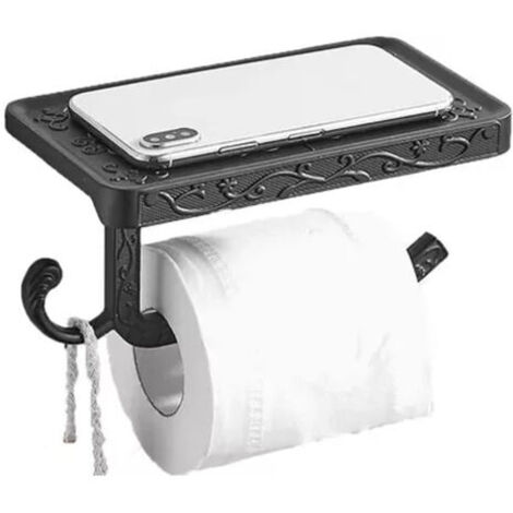 SABIR Porte-rouleau de papier noir avec étagère de rangement pour téléphone, porte-papier toilette en aluminium Vintage pour salle de bain noir