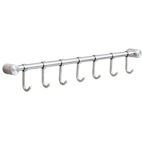 SABIR Porte-ustensiles et porte-serviettes de cuisine en acier inoxydable avec support mural amovible de 40 cm - 7 crochets, finition brossée (7 crochets)