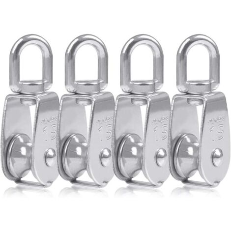 SABIR Poulie Simple Poulie pour Cable 15MM Acier INOX, Poulie Escalade Poulie Rouleau de Chargement, Poulie de Levage Capacité - 4pcs Argent