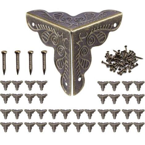 SABIR Promotion, 10pcs Coin Vintage,Coin Meuble Metal Antique,Coins de protection pour caisses et meubles Style Vintage,Aspect Bronze Meubles Décoratifs,Comprend 40 Clous-25x35mm,