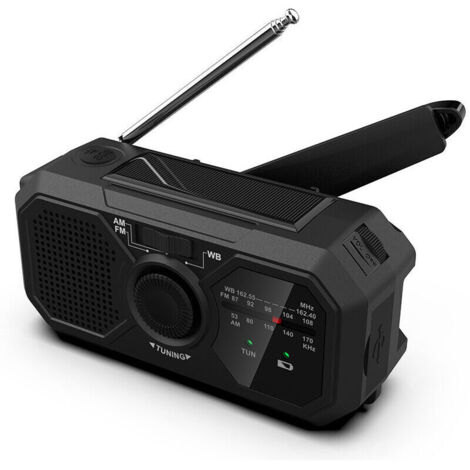 SABIR Radio solaire de survie AM/FM avec manivelle Batterie 1200mAh USB-C Lampe de poche LED Alarme SOS Antenne télescopique 30cm