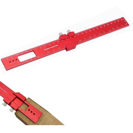 SABIR Règle de traçage de précision 300mm, Outil de traçage en métal avec butée pour le travail du bois, Marques 45 et 90 degrés pour mesure et dessin, Rouge
